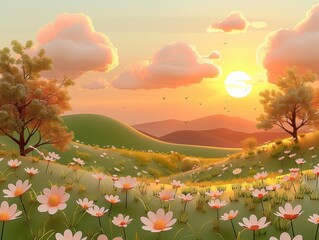 Wall Mural - Illustration of a spring landscape with green fields, in the style of a cartoon