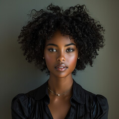 Calm serious beautiful millennial African American woman with thick curly hair looking forward at camera posing indoors. Attractive focused young adult Gen Z lady face without smile. Close up portrait