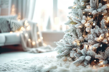 Sticker - Frosty white Christmas tree in a cozy indoor setting, illuminated by soft, warm lights creating a serene ambiance