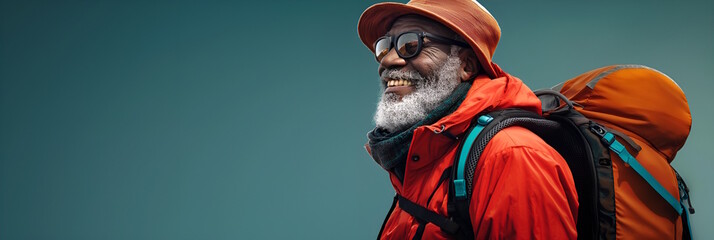 An elderly black man with a backpack smiling in outdoor hiking attire, concept of active lifestyle and adventure