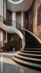 Wall Mural - Contemporary interior design featuring a stylish entrance hall and elegant staircase in a villa.