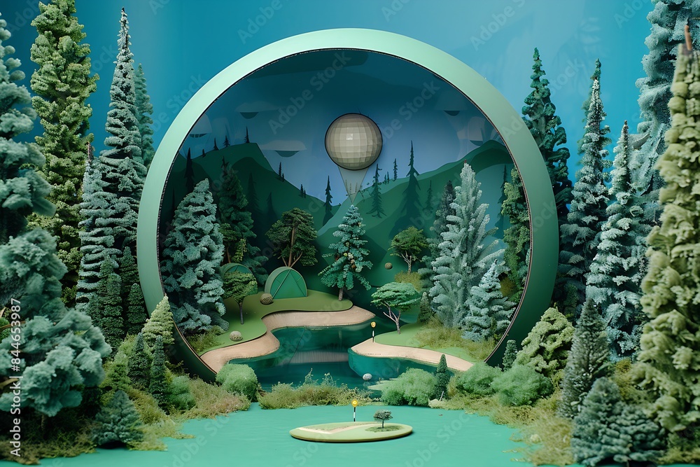 Surreal landscape with giant golf ball opened to reveal miniature golf course