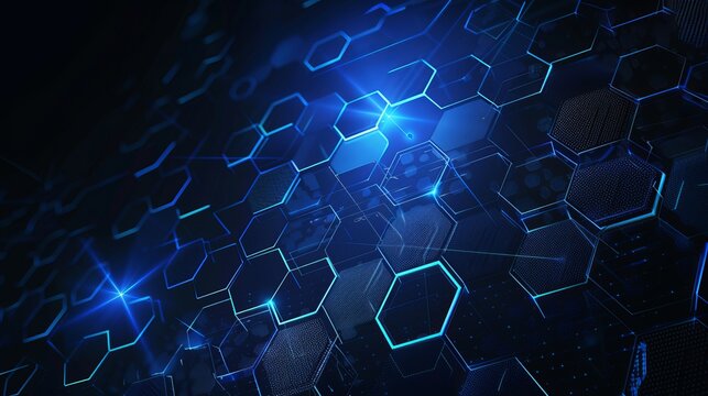 A dark blue hexagonal technology vector abstract background is illustrated featuring blue bright energy flashes under hexagons in a modern technology futuristic design