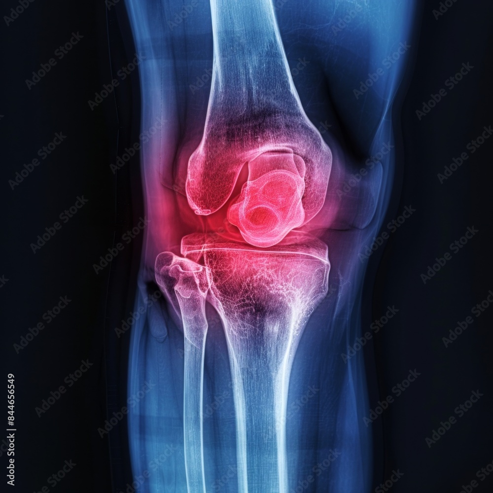 X-ray view of a knee joint showing ligaments and bone structure, with a ...