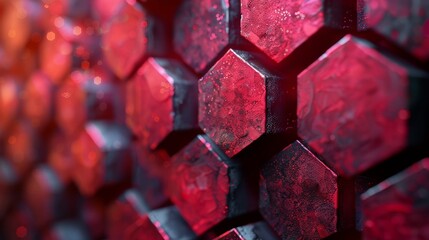 Poster - Vivid red hexagonal 3D shapes on a dark black textured background