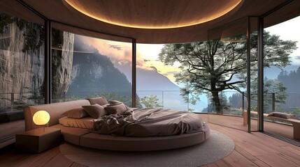 Wall Mural - Atmospheric contemporary bedroom, round bed and outdoor view, skay