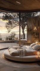 Wall Mural - Atmospheric contemporary bedroom, round bed and outdoor view, skay
