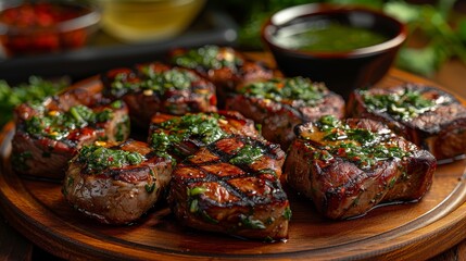 Wall Mural - Perfectly grilled steaks drizzled with a fresh herb sauce on a rustic wooden board for a savory meal