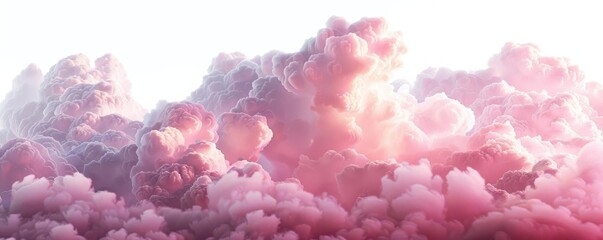Closeup of fluffy pink clouds, emphasizing texture and softness, isolated on a white background with copy space