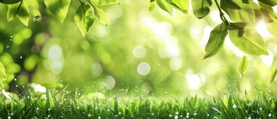 Wall Mural - Spring summer background with a frame of grass and leaves on nature. Juicy lush green grass on meadow with drops of water