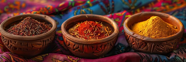 Poster - Three clay bowls filled with traditional Moroccan spices, including saffron, ras el hanout, and cinnamon, sit on a colorful fabric background. Generative AI