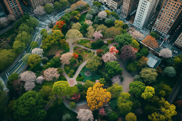 Wall Mural - drone shot of a city park with blooming flowers