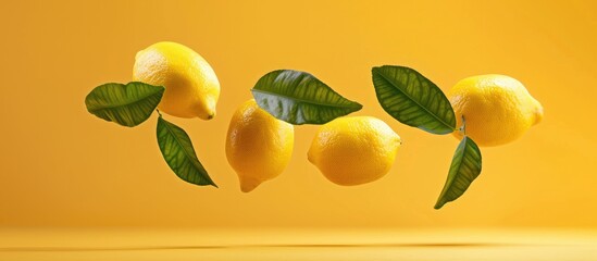 Wall Mural - Fresh lemons with green leaves floating in the air against a vibrant yellow background, showcasing a concept of food levitation or zero gravity. High-quality image.