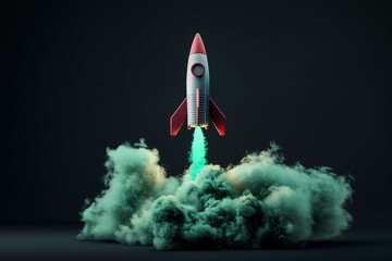 Retro-styled toy rocket launching with green smoke on a dark background