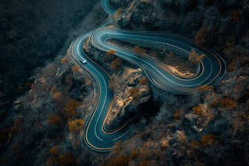 Wall Mural - drone shot of a winding mountain road with cars