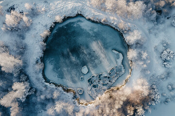 Wall Mural - drone shot of a winter landscape with frozen lakes