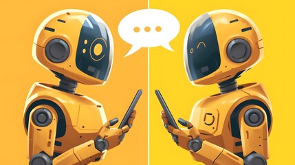 Two friendly yellow robots chat using mobile phones, expressing emotions through speech bubbles against a vibrant yellow background.