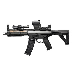 Wall Mural - modern assault rifle isolated on transparent png background. A black and tan semi automatic rifle with a scope