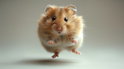 A hamster is jumping in the air and looking at the camera in the picture