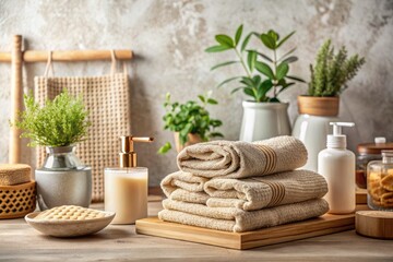 Canvas Print - A bathroom shelf neatly arranged with towels and plants.