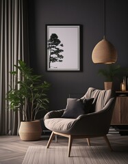 Wall Mural - Dark modern contemporary home space / living room, clean warm cozy minimalist interior 3d rendering