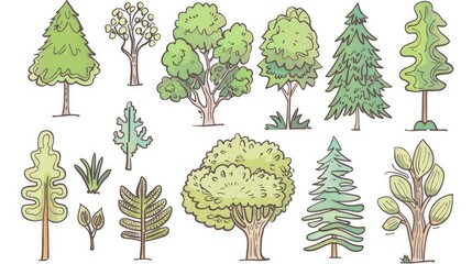 Sticker - Illustration of various tree plants depicted in a hand drawn colored outline cartoon style perfect for enhancing green forest signage or creating an original park logo These simple yet char