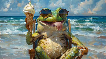 Wall Mural - A cheerful frog, sporting shades, lounges on a beach chair, enjoying a waffle topped with an ice cream scoop. Its long tongue eagerly savors the icy treat