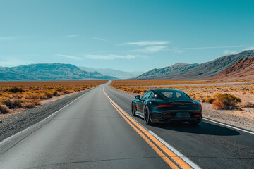 sleek modern car on an empty road with a clear blue sky an ultra realistic scene