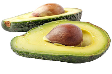 Close-up of two halved avocados with seeds, showcasing fresh and healthy green fruit on a white background.