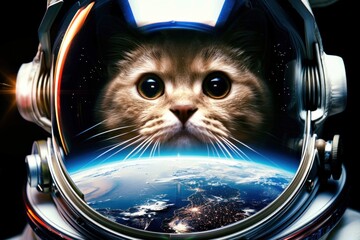 Wall Mural - Curious cat astronaut wearing space suit helmet exploring the galaxy