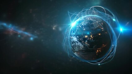 Aufkleber - Earth from space with illuminated cities and network connections. High-resolution digital artwork. Futuristic technology and global communication concept.