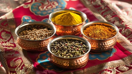 Fototapete - Traditional Indian spices, like turmeric, cumin, and coriander, are displayed in copper bowls on a vibrant fabric background. Generative AI
