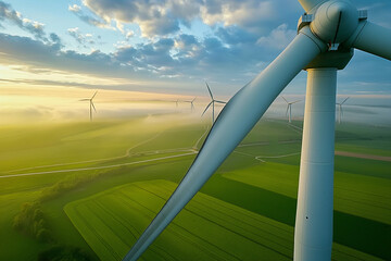 Wall Mural - aerial view of a wind farm with turbines spinning