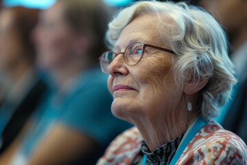 elderly woman attending a tech conference with enthusiastic attendees