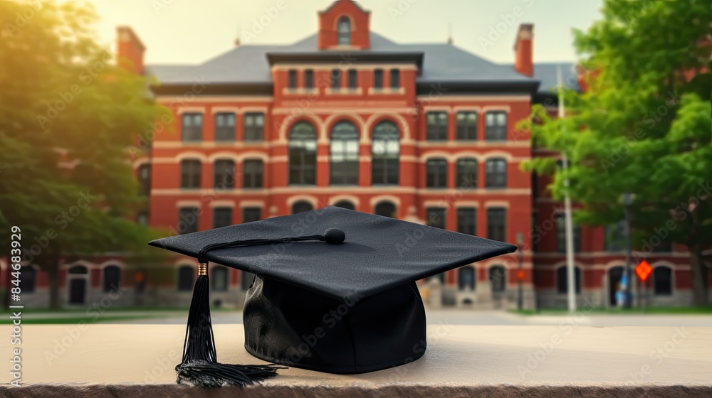 Black graduation cap with blurred background of university building ...