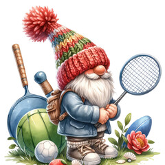 Whimsical gnome in a colorful beanie hat holding a sports racket, Transparent background