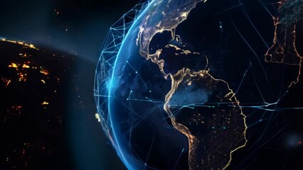 Aufkleber - Earth from space with illuminated cities and connecting network lines. High-resolution digital artwork. Futuristic technology and global communication concept