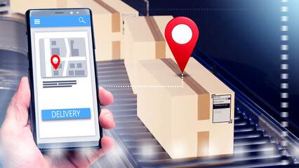Poster - Delivery tracking. Courier app on phone. Conveyor from box. Delivery tracking via app. Postal logistics. Phone number with website for parcel tracking. Logistics technologies. Delivery tech. 3d image