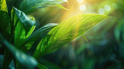 Poster - Green leaf illuminated by sunlight in a garden Nature background with room for text