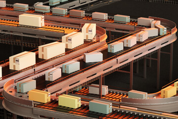 Poster - Conveyor with boxes. Automated industrial line. Parcels travel along conveyor. Robotic distribution center. Boxes on multi-tier conveyor. Production line in factory. Logistics, fulfillment. 3d image
