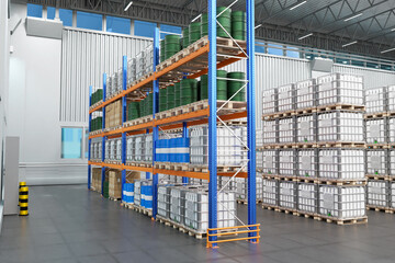 Wall Mural - Production storehouse. Warehouse with plastic barrels. Storehouse inside industrial building. Pallets with chemical products in tanks. Hangar with storehouse of large factory. 3d image
