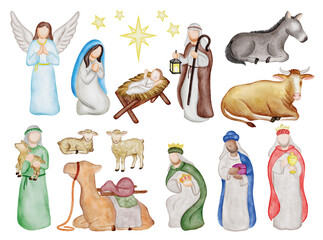 Christmas nativity scene with Baby Jesus, Virgin Mary, Joseph and animals. Biblical scene for religious cards, posters, banners and prints.