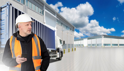 Wall Mural - Man transport specialist. Truck with container behind logistician. Guy with phone in industrial zone. Logistician near truck delivering goods. Warehouse employee. Man logistician in uniform