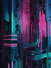Wall Mural - Dynamic cyberpunk aesthetic, Vibrant blue, mint, and pink hues meld with digital glitches and distortions in an abstract background.