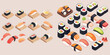 © Mark - Comical cartoon illustration of sushi rolls. Philadelphia rolls. Japanese food. Asian food. Restaurant. Contains seaweed, salmon, and rice.