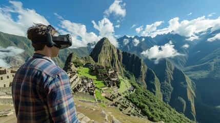 Wall Mural - Man fully absorbed in a VR game, exploring the historical ruins of Machu Picchu, with the ancient Incan city vividly displayed in the virtual background.