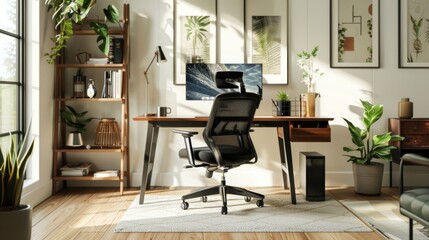 Sticker - A well-designed, ergonomic home office setup with modern furniture and tech gadgets, promoting productivity and comfort in remote work. 