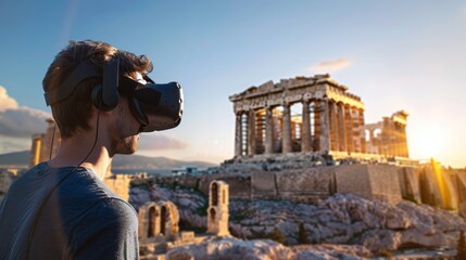 Wall Mural - Side profile of a man engaged in a VR experience, surrounded by the digital recreation of the ancient Acropolis of Athens, highlighting the Parthenon.