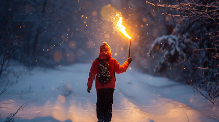 Wall Mural - A lone adventurer illuminates a snowy forest path with a torch, blending warmth and mystery in the frozen wilderness
