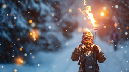a lone hiker illuminates the snowy forest path with a burning torch, blending adventure with winter'